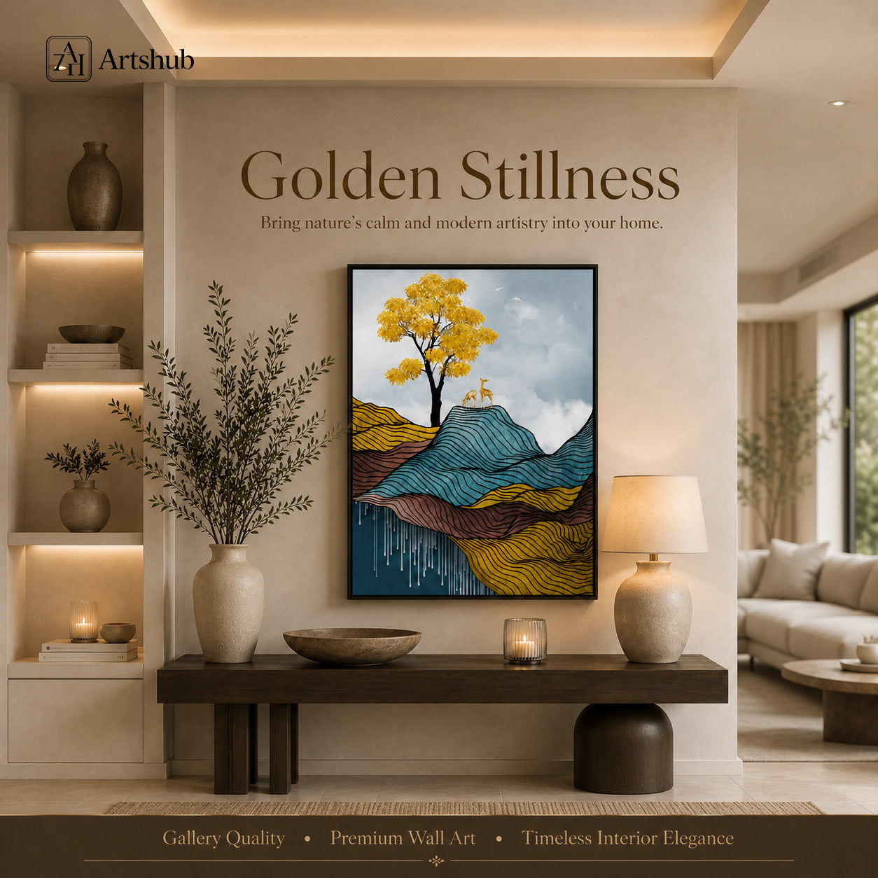 Artshub Golden Stillness Yellow Tree Deer Fine Line Wave Mountain framed canvas product detail sheet — front view 45 degree close-up teal gold wave texture side thickness material detail back material golden yellow teal burgundy matte black frame