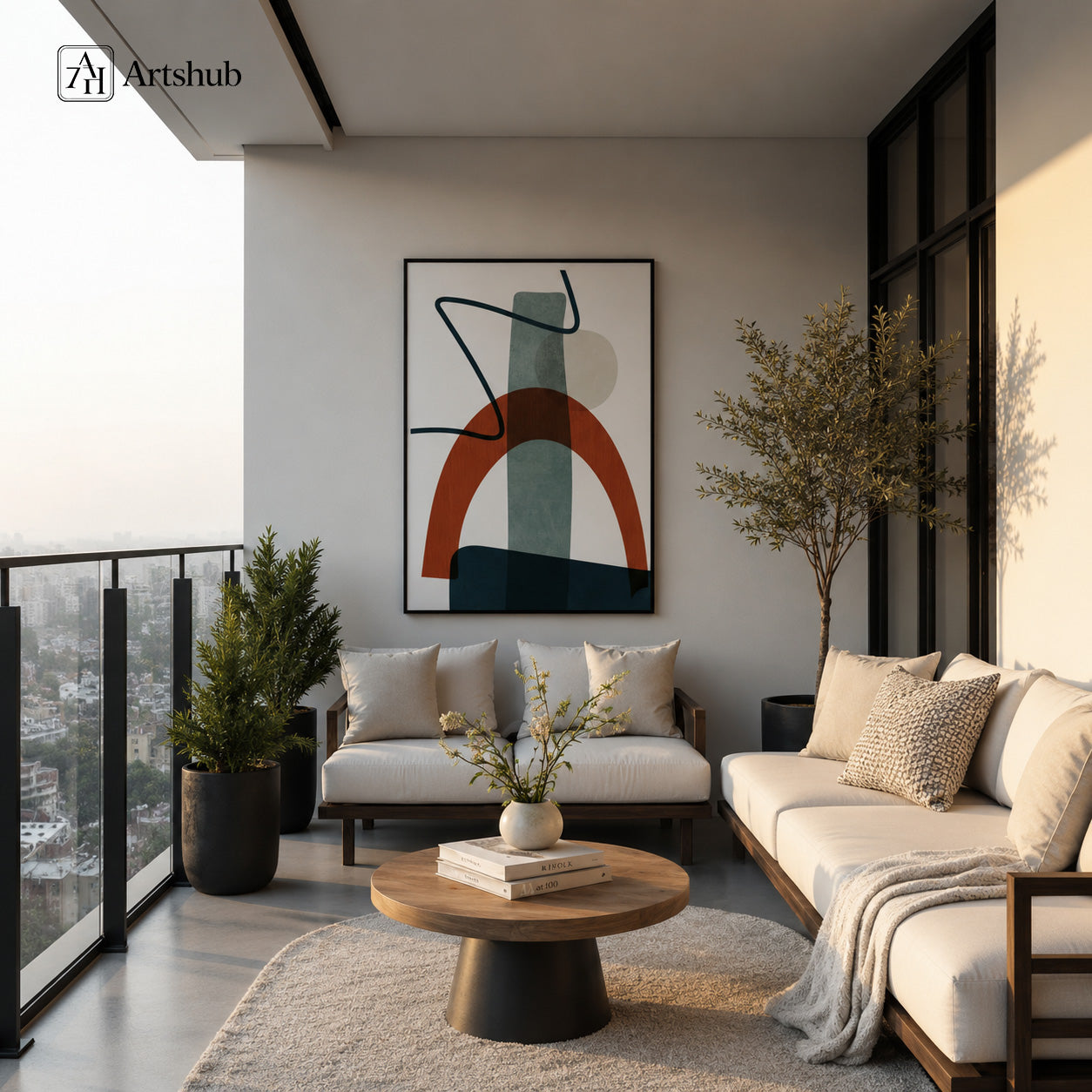 Artshub Terracotta Arch Sage Blue Abstract Geometric single panel framed canvas wall art leaning on cream wall with ceramic vase plant — terracotta arch sage blue teal matte black frame