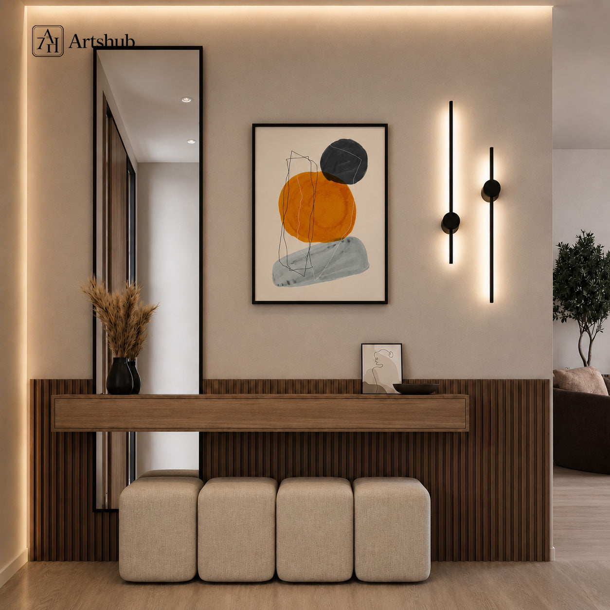 Artshub Art in Harmony Amber Orange Charcoal Abstract Circles single panel framed canvas wall art in warm luxury entryway above walnut console with full-length mirror and wall sconce — amber orange charcoal grey matte black frame
