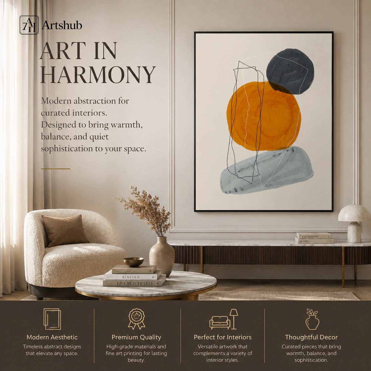 Artshub Art in Harmony Amber Orange Charcoal Abstract Circles single panel framed canvas wall art editorial banner — Art in Harmony modern abstraction curated interiors warmth balance quiet sophistication luxury cream living room marble coffee table dried grass