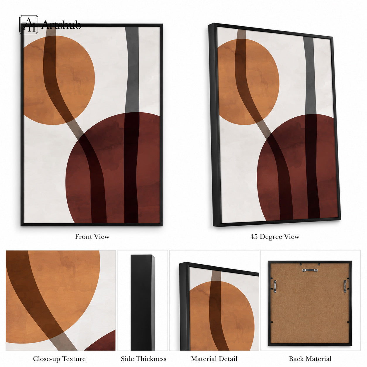 Artshub Art That Elevates Every Space Amber Burgundy Abstract Circles framed canvas product detail sheet — front view 45 degree close-up texture side thickness material detail back material amber burgundy charcoal matte black frame