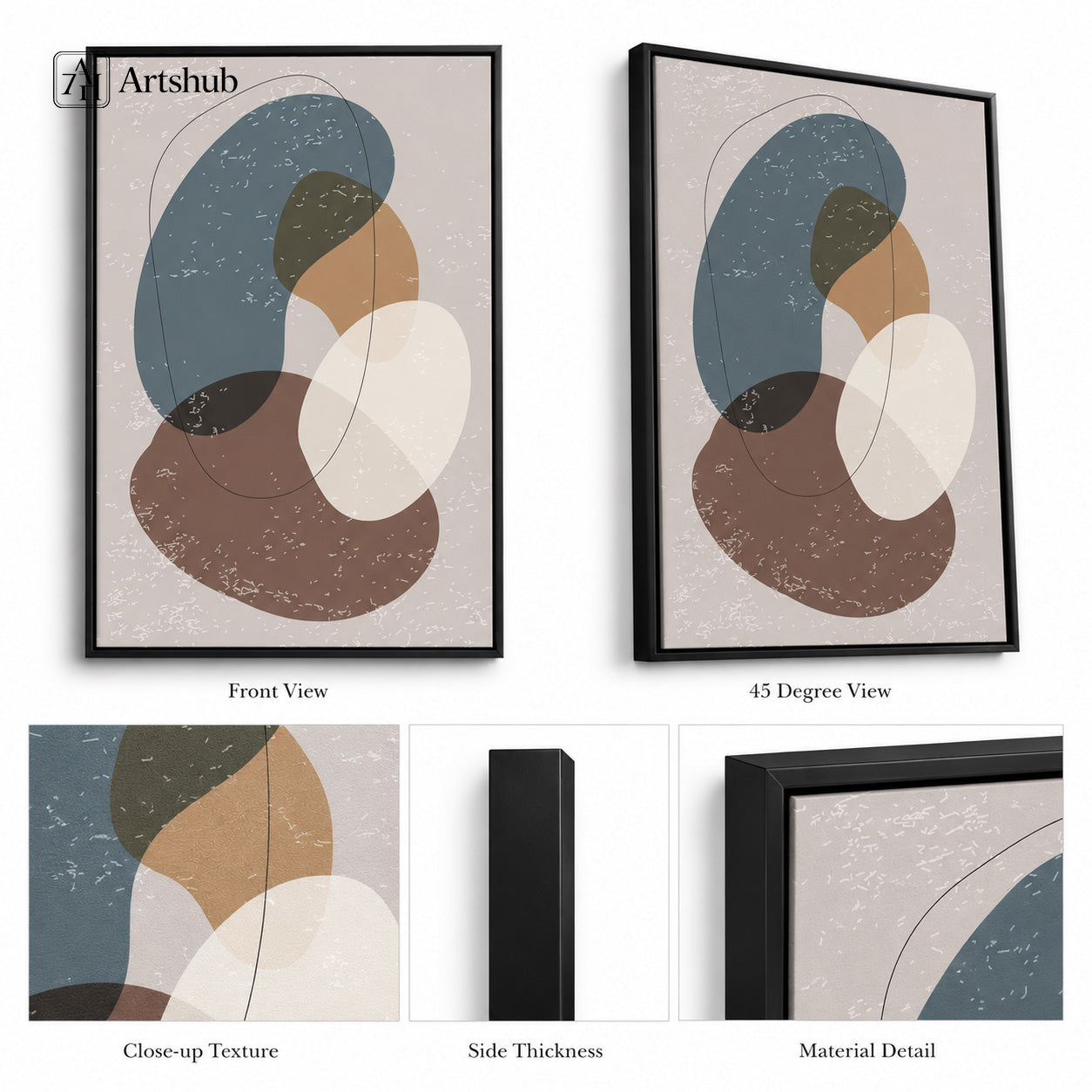 Artshub Quiet Harmony Steel Blue Warm Brown Ivory Abstract Organic Shapes framed canvas product detail sheet — front view 45 degree close-up speckle texture side thickness material detail steel blue brown ivory matte black frame