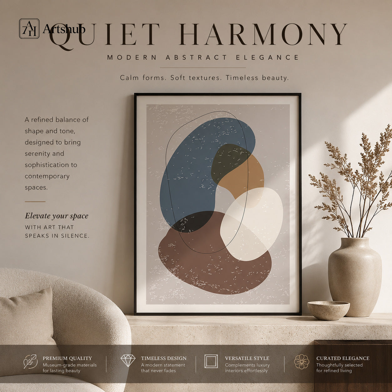 Artshub Quiet Harmony Steel Blue Warm Brown Ivory Abstract Organic Shapes single panel framed canvas wall art above cream sofa in warm grey Japandi living room with oak side table mushroom lamp pampas grass — steel blue brown ivory matte black frame