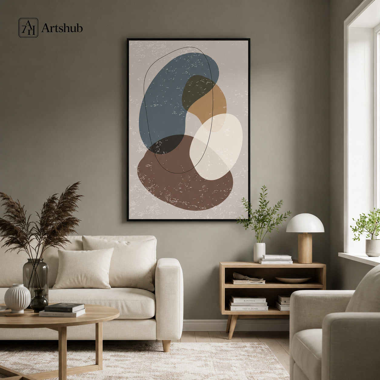 Artshub Quiet Harmony Steel Blue Warm Brown Ivory Abstract Organic Shapes single panel framed canvas wall art editorial banner — Quiet Harmony Modern Abstract Elegance calm forms soft textures timeless beauty warm linen wall travertine console ceramic vases dried grass