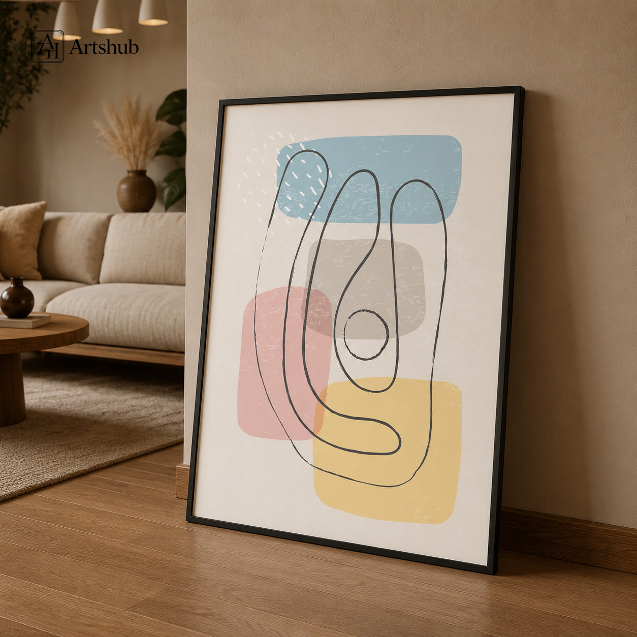 Artshub Modern Abstract Elegance Soft Blue Blush Pink Yellow Fine Line single panel framed canvas wall art above floating oak shelf in warm entryway with white ceramic vase olive branches wicker basket — soft blue blush pink yellow matte black frame