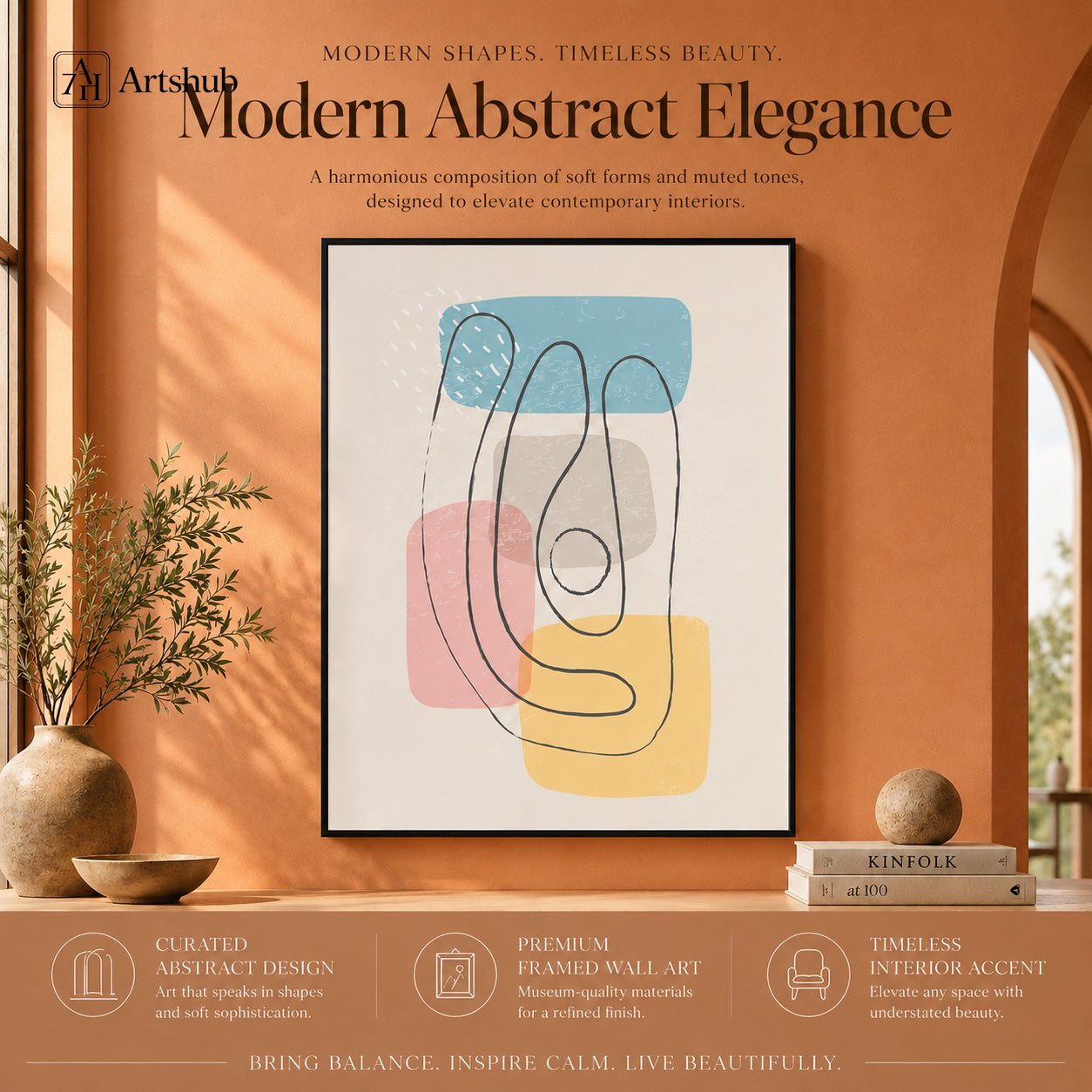 Artshub Modern Abstract Elegance Soft Blue Blush Pink Yellow Fine Line single panel framed canvas wall art editorial banner — Modern Shapes Timeless Beauty Modern Abstract Elegance harmonious composition soft forms muted tones terracotta wall walnut console Kinfolk books ceramic bowl