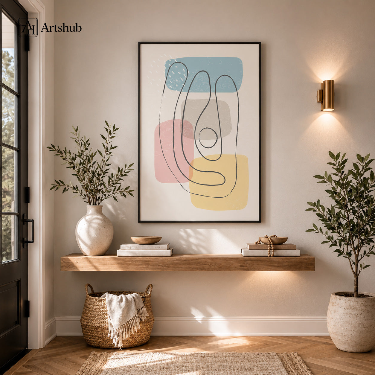 Artshub Modern Abstract Elegance Soft Blue Blush Pink Yellow Fine Line framed canvas product detail sheet — front view 45 degree close-up texture side thickness material detail soft blue blush pink yellow matte black frame