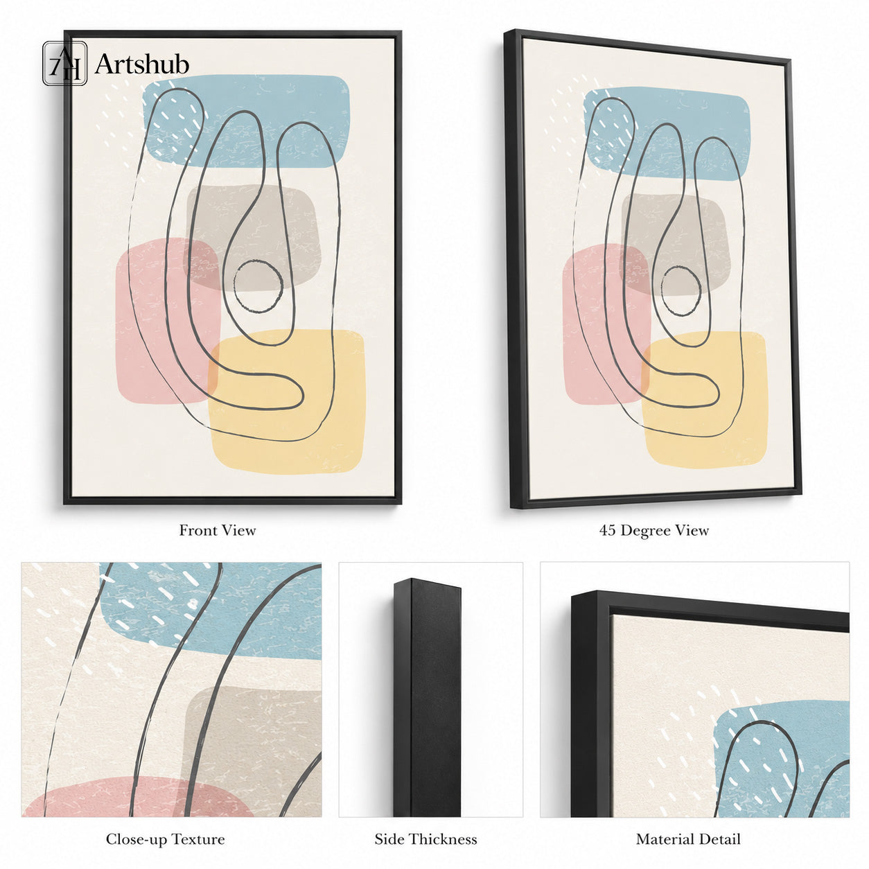 Artshub Modern Abstract Elegance Soft Blue Blush Pink Yellow Fine Line single panel framed canvas wall art leaning on warm beige wall in Japandi living room with cream sofa round oak coffee table pampas grass — soft blue blush pink yellow matte black frame