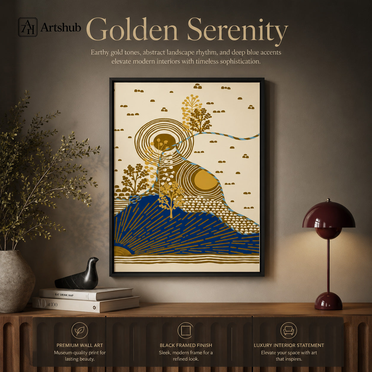 Artshub Golden Serenity Abstract Landscape Blue Mountain Gold Sun single panel framed canvas wall art editorial banner — Golden Serenity earthy gold tones abstract landscape rhythm deep blue accents timeless sophistication dark wall walnut sideboard mushroom lamp olive branches