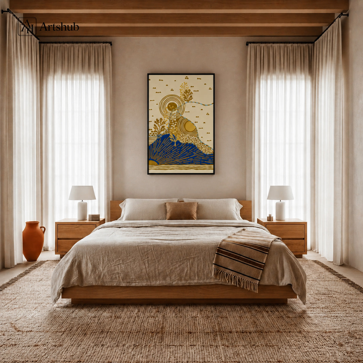 Artshub Golden Serenity Abstract Landscape Blue Mountain Gold Sun framed canvas product detail sheet — front view 45 degree close-up texture side thickness material detail ivory cobalt blue old gold matte black frame