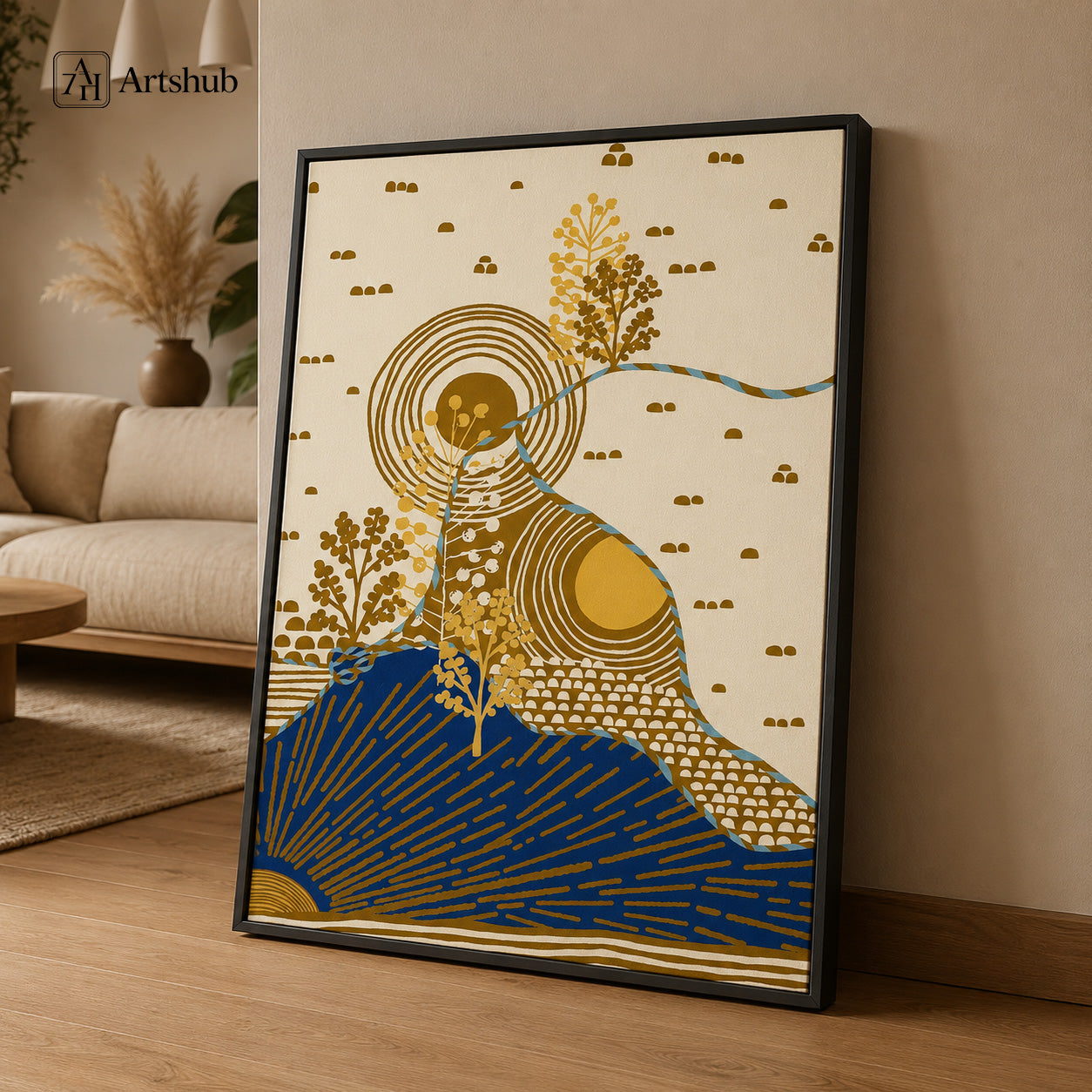 Artshub Golden Serenity Abstract Landscape Blue Mountain Gold Sun single panel framed canvas wall art leaning on warm cream wall in Japandi living room with pampas grass vase cream sofa oak coffee table — ivory cobalt blue old gold matte black frame