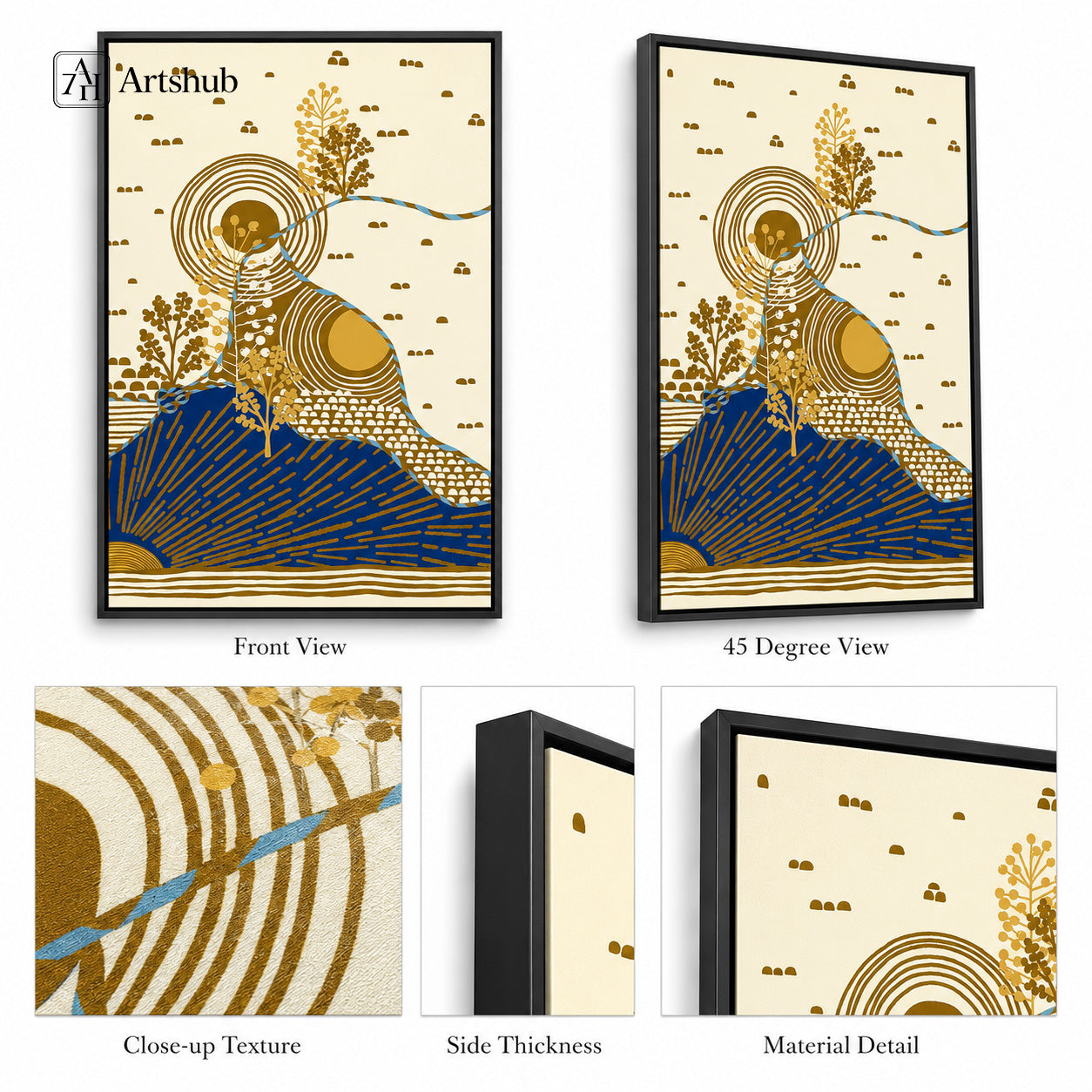 Artshub Golden Serenity Abstract Landscape Blue Mountain Gold Sun single panel framed canvas wall art above bed in warm premium master bedroom with oak bedside tables white ceramic lamps linen bedding — ivory cobalt blue old gold matte black frame