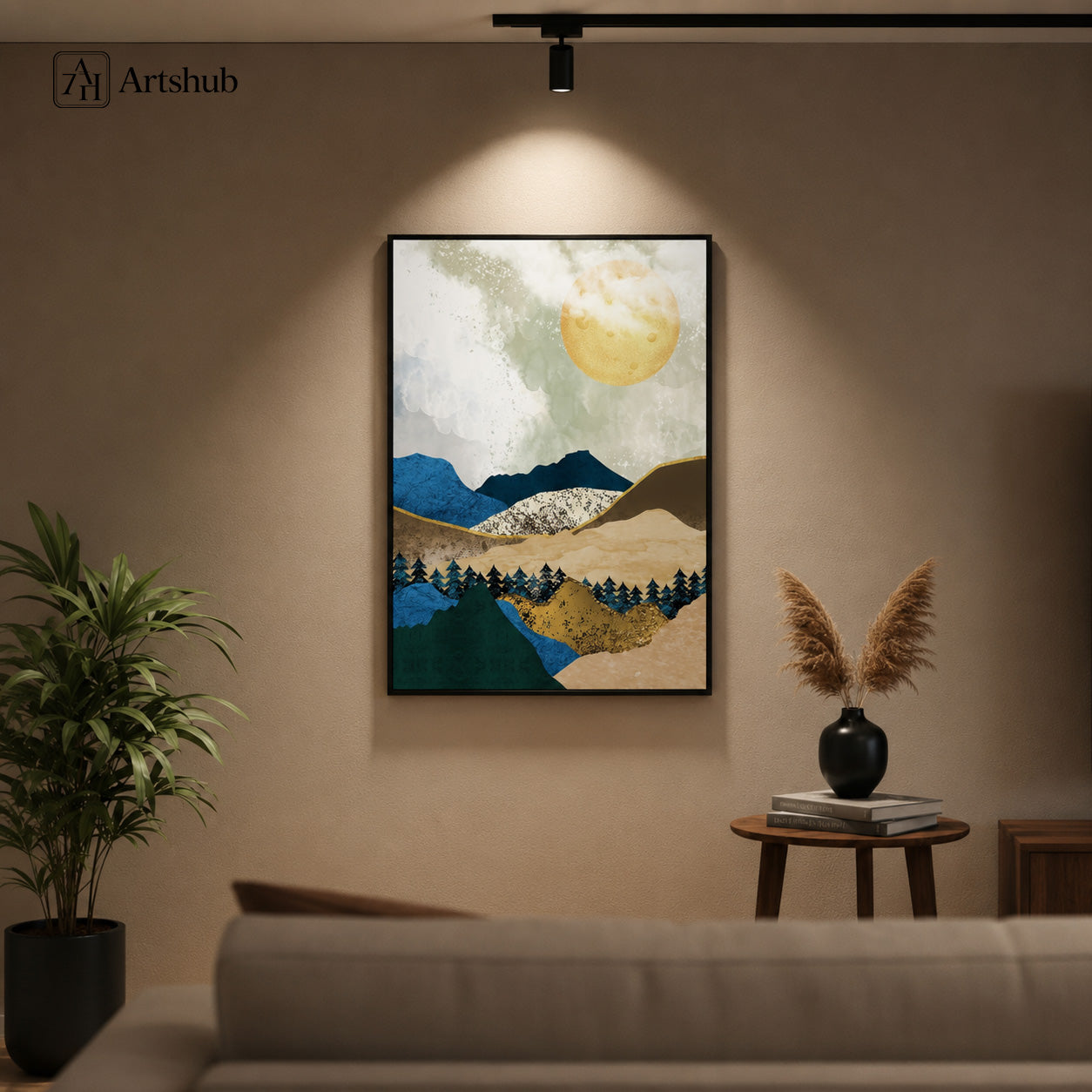 Artshub Moonlit Horizons Cobalt Blue Mountain Gold Sun Pine Silhouette single panel framed canvas wall art editorial banner — Moonlit Horizons abstract landscapes warmth depth serenity warm taupe master bedroom linen bedding oak bedside tables brass pendant lamp