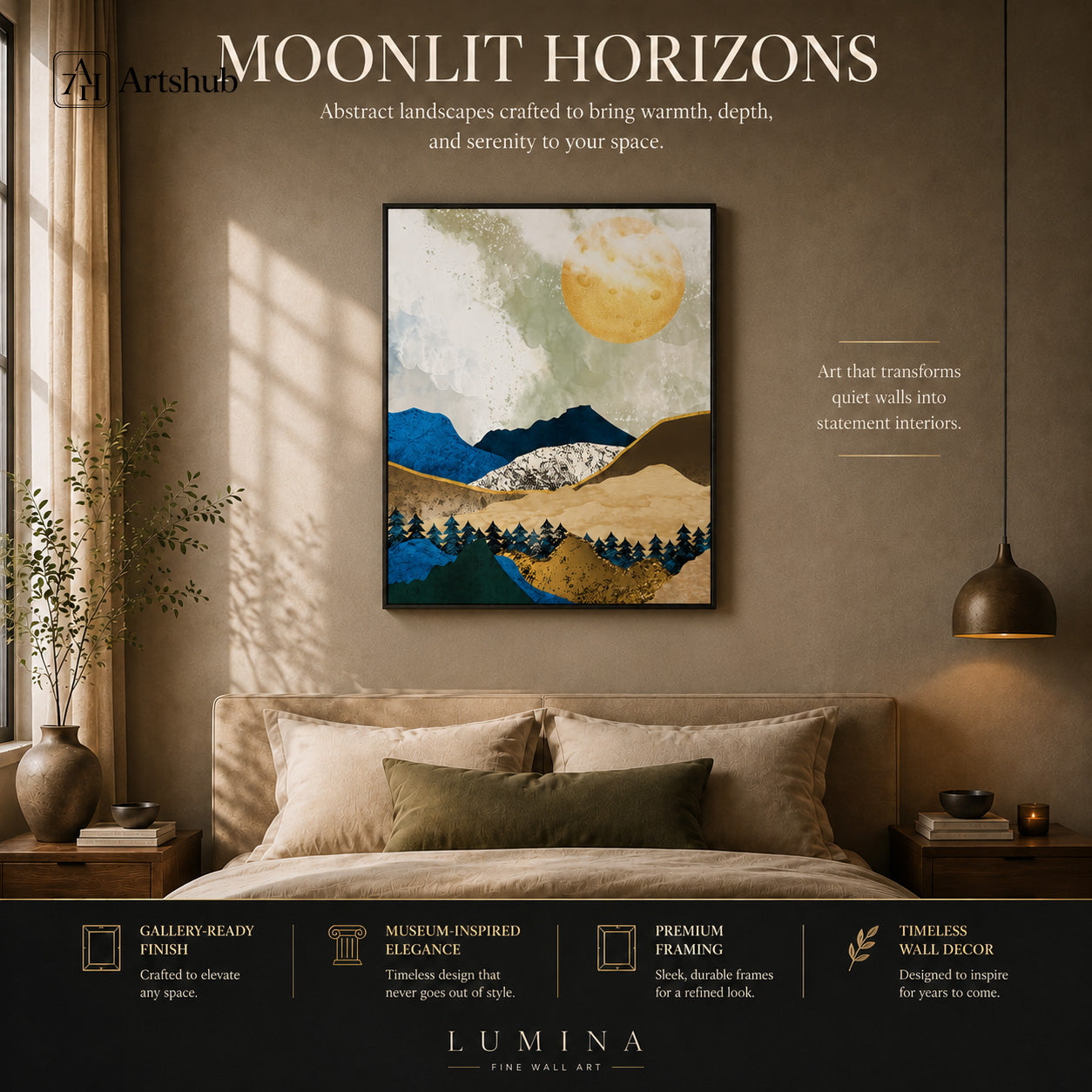 Artshub Moonlit Horizons Cobalt Blue Mountain Gold Sun Pine Silhouette single panel framed canvas wall art leaning on warm cream wall in cosy entryway with rustic wooden stool large ceramic vase pampas grass rust throw — cobalt blue gold matte black frame
