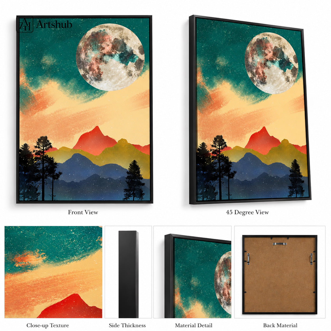 Artshub Moonlit Horizon Teal Sky Full Moon Mountain Pine Silhouette single panel framed canvas wall art leaning on warm cream wall with Kinfolk books and ceramic vase with green plant — teal moon mountain pine matte black frame