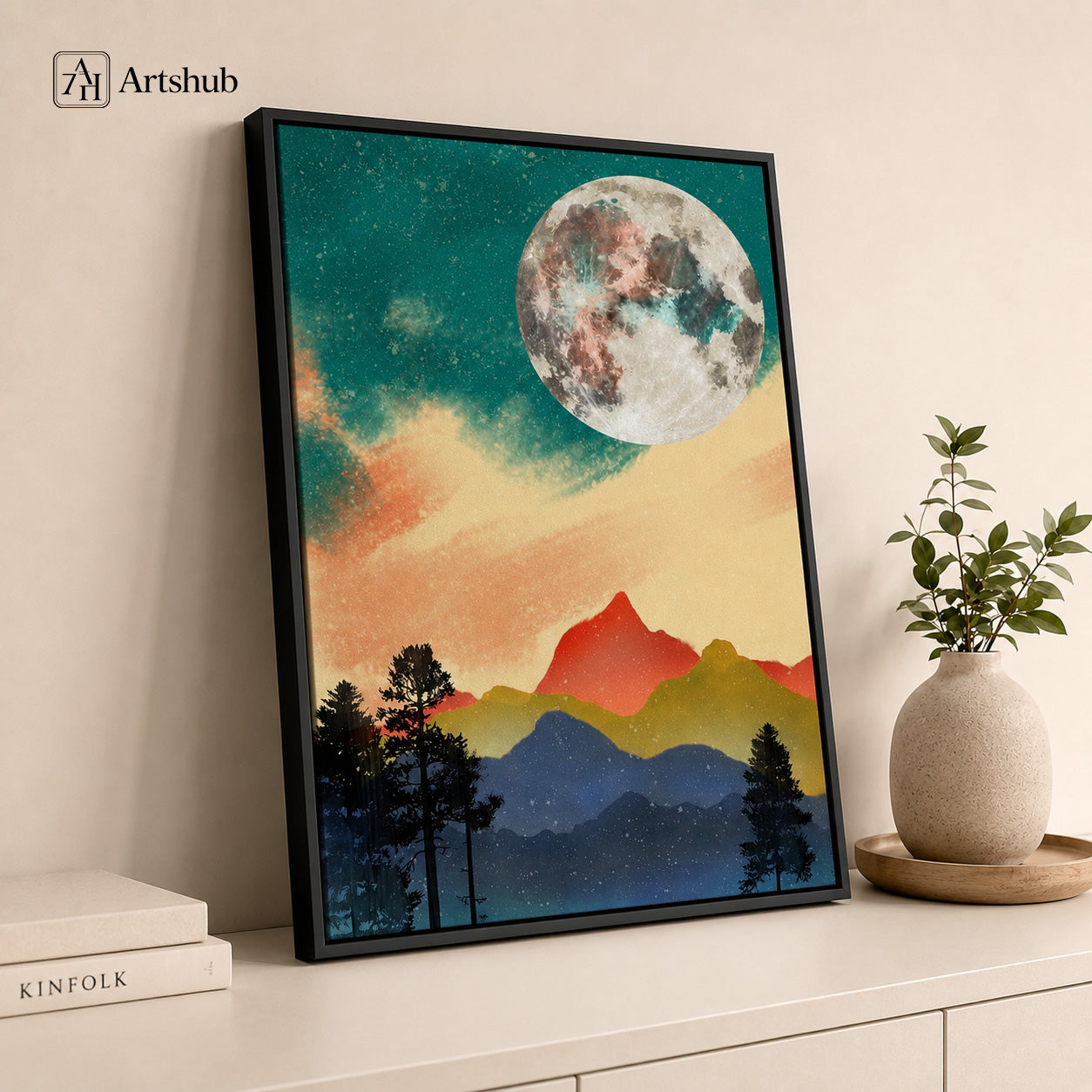 Artshub Moonlit Horizon Teal Sky Full Moon Mountain Pine Silhouette framed canvas product detail sheet — front view 45 degree close-up teal texture side thickness material detail back material teal moon mountain pine matte black frame