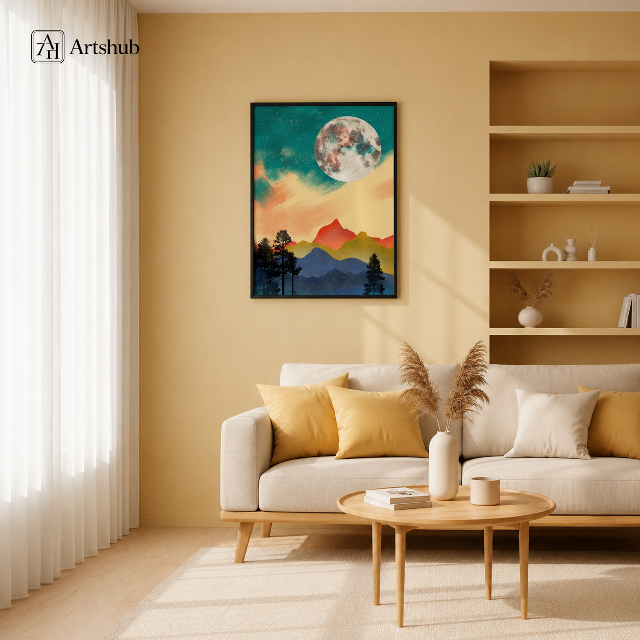 Artshub Moonlit Horizon Teal Sky Full Moon Mountain Pine Silhouette single panel framed canvas wall art above cream sofa in warm yellow Scandinavian living room with oak shelving pampas grass and round coffee table — teal moon mountain pine matte black frame