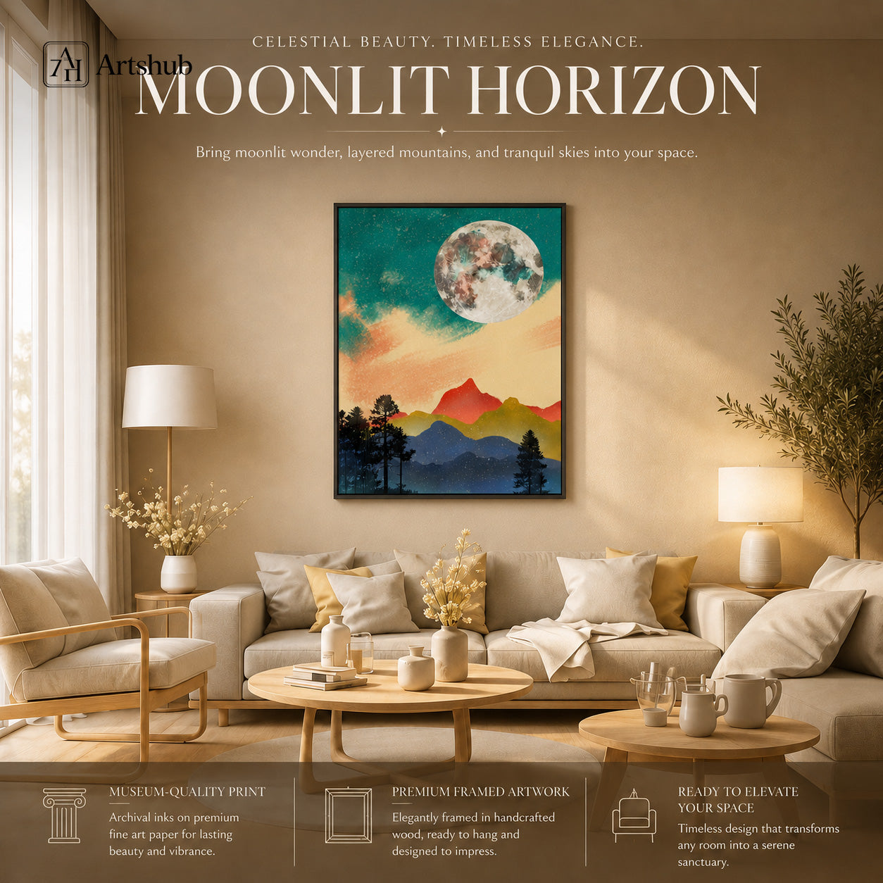 Artshub Moonlit Horizon Teal Sky Full Moon Mountain Pine Silhouette single panel framed canvas wall art editorial banner — Moonlit Horizon Celestial Beauty Timeless Elegance warm beige living room cream sofa oak coffee table floor lamp olive tree