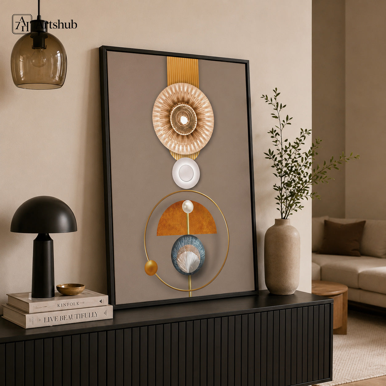 Artshub Celestial Harmony Gold Sunburst Geometric Sculptural single panel framed canvas wall art editorial banner — Celestial Harmony Luxury Wall Art radiant geometry warm metallic accents sculptural balance elevated interiors warm taupe wall walnut floating sideboard black vase Kinfolk books olive trees spotlight