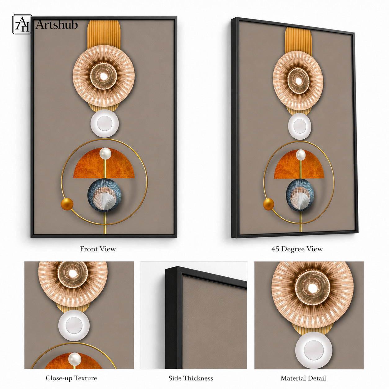 Artshub Celestial Harmony Gold Sunburst Geometric Sculptural framed canvas product detail sheet — front view 45 degree close-up radiating ridge texture side thickness material detail gold sunburst burnt orange steel blue matte black frame