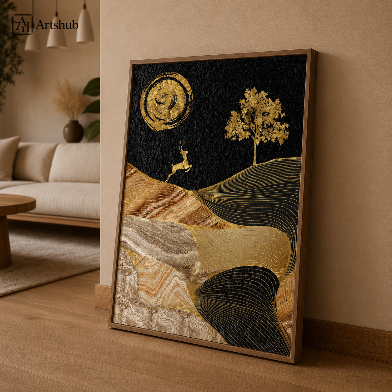 Artshub Golden Whispers Gold Swirl Moon Deer Tree Textured Wave Mountain single panel framed canvas wall art leaning on warm cream wall in Japandi living room with cream sofa oak round coffee table pampas grass pendant lamps — gold black silver walnut frame