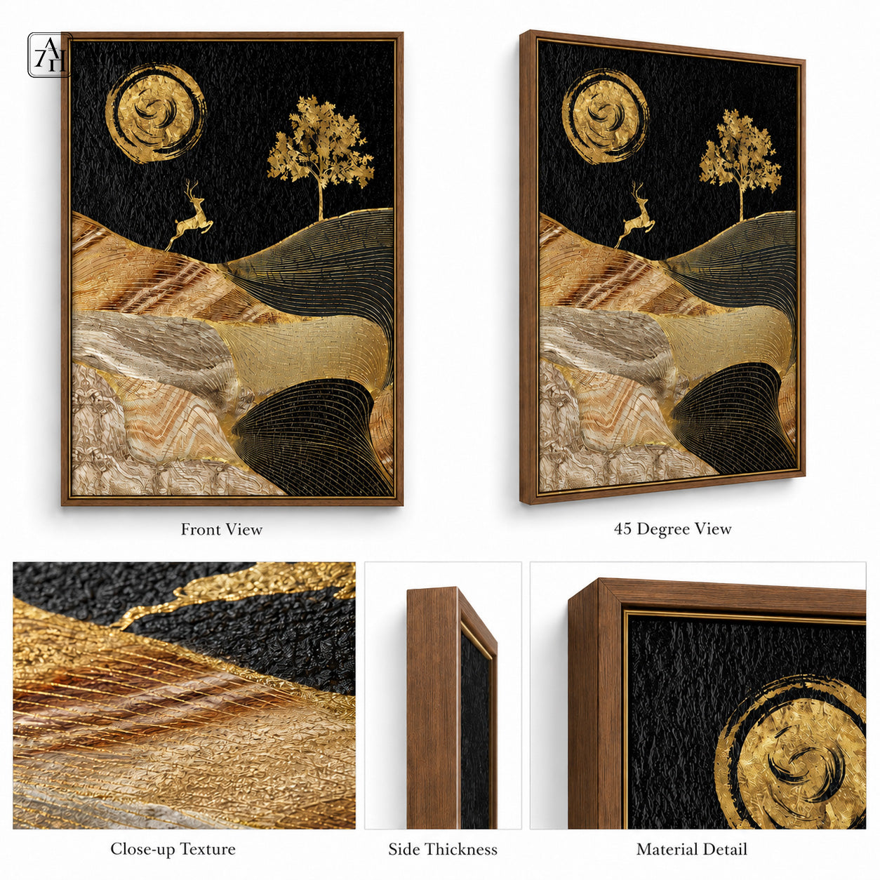 Artshub Golden Whispers Gold Swirl Moon Deer Tree Textured Wave Mountain framed canvas product detail sheet — front view 45 degree close-up gold impasto texture side thickness walnut frame material detail gold black silver wave mountain