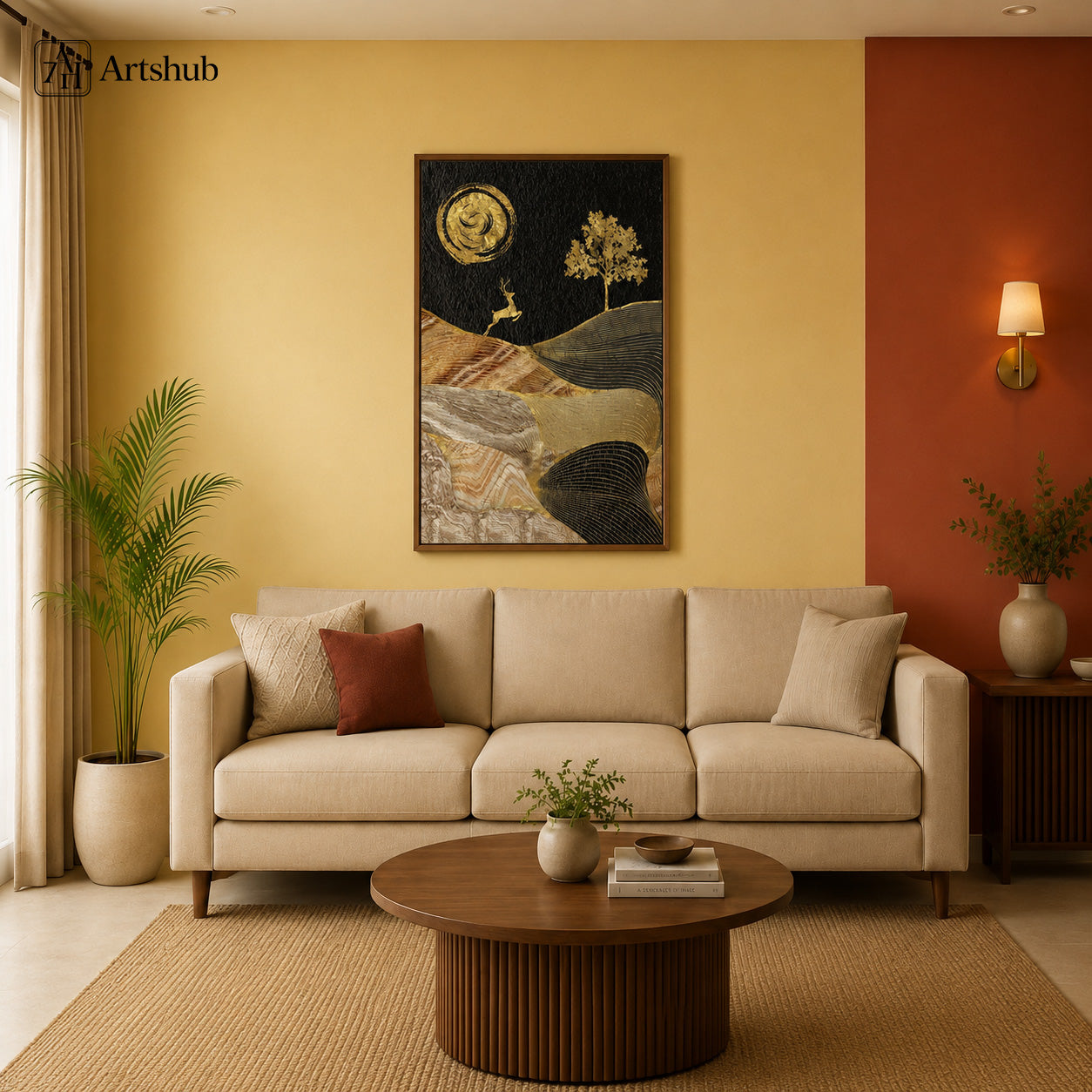 Artshub Golden Whispers Gold Swirl Moon Deer Tree Textured Wave Mountain single panel framed canvas wall art above cream sofa in warm yellow Indian living room with terracotta accent wall walnut round coffee table palm plant brass wall sconce — gold black silver walnut frame