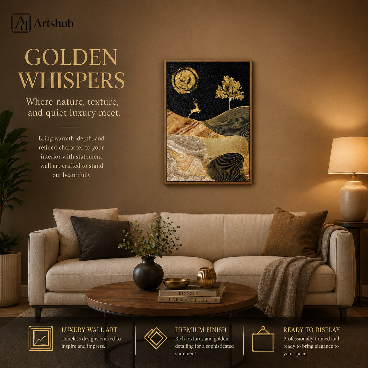 Artshub Golden Whispers Gold Swirl Moon Deer Tree Textured Wave Mountain single panel framed canvas wall art editorial banner — Golden Whispers where nature texture quiet luxury meet warm brown living room cream sofa walnut coffee table black vase Kinfolk books globe lamp
