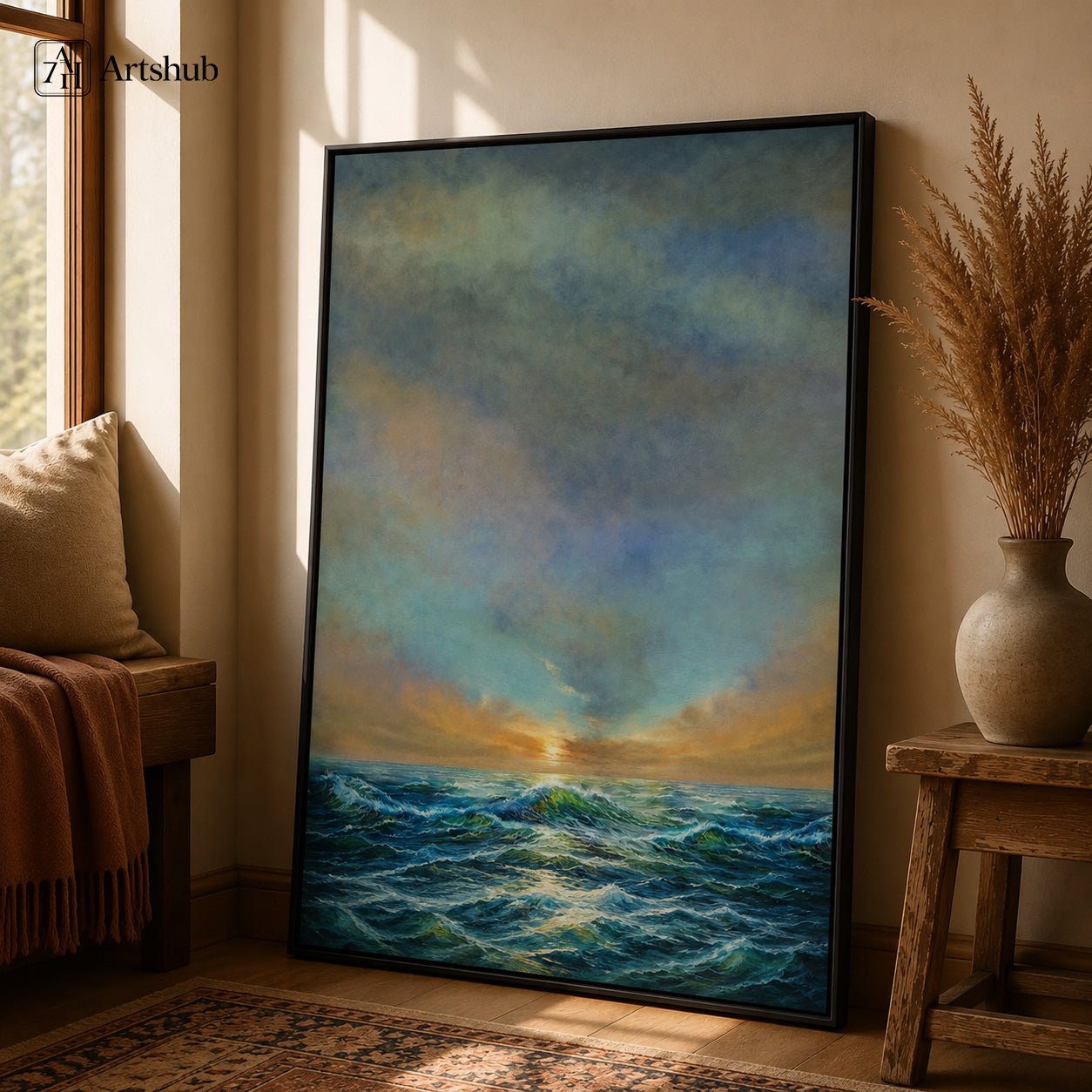 Artshub Horizon Serenity Teal Ocean Waves Golden Sunset Stormy Sky single panel framed canvas wall art editorial banner — Horizon Serenity where light color rhythm of the sea meet timeless elegance warm taupe luxury living room marble sideboard ceramic vase coral books candlelight