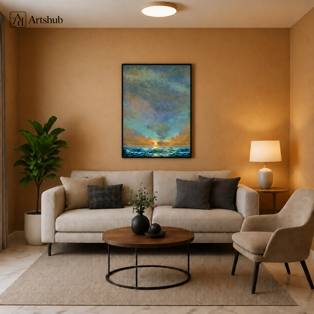 Artshub Horizon Serenity Teal Ocean Waves Golden Sunset Stormy Sky single panel framed canvas wall art leaning on warm cream wall in rustic Japandi room with linen sofa rust throw wooden stool pampas grass natural window light — teal ocean gold sunset matte black frame