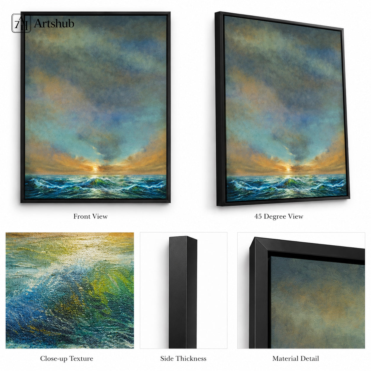 Artshub Horizon Serenity Teal Ocean Waves Golden Sunset Stormy Sky single panel framed canvas wall art above cream sofa in warm amber Indian living room with fiddle leaf fig walnut round coffee table black ceramic vase table lamp — teal ocean gold sunset matte black frame