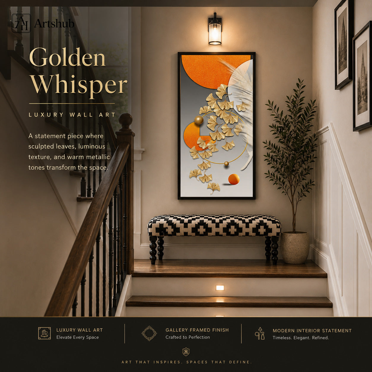 Artshub Golden Whisper 3D Sculpted Gold Ginkgo Leaves Orange Sun White Feather single panel framed canvas wall art editorial banner — Golden Whisper Luxury Wall Art sculpted leaves luminous texture warm metallic tones staircase landing dark wood banister checkered bench olive tree wall sconce