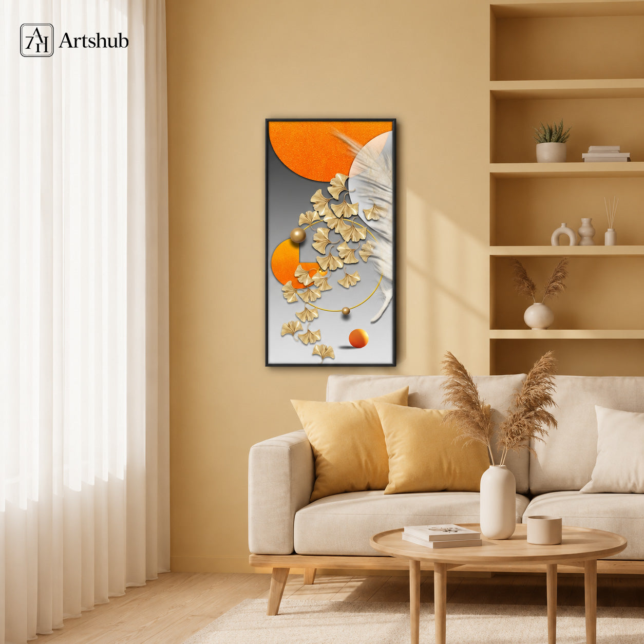 Artshub Golden Whisper 3D Sculpted Gold Ginkgo Leaves Orange Sun White Feather single panel framed canvas wall art above cream sofa in warm sandy Japandi living room with oak shelving pampas grass round coffee table yellow cushions — gold orange grey matte black frame