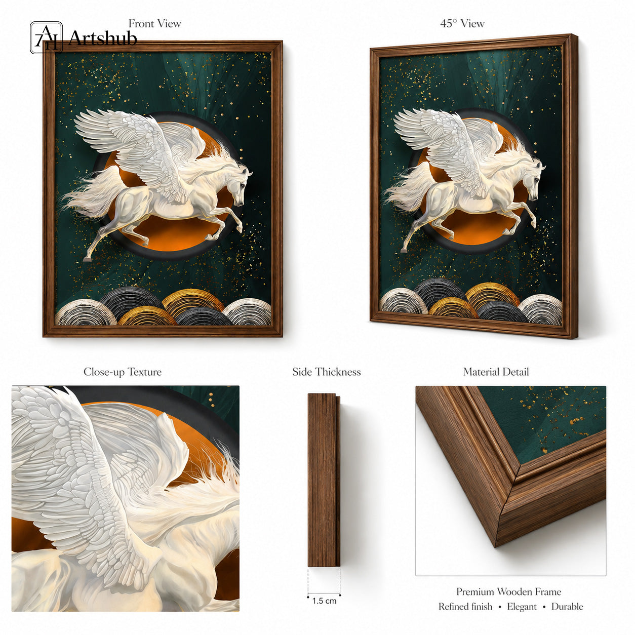Artshub Wings of Elegance White Pegasus Amber Moon Teal Starfield Gold Wave framed canvas product detail sheet — front view 45 degree close-up feather wing texture side thickness 1.5cm walnut frame material detail teal amber gold white