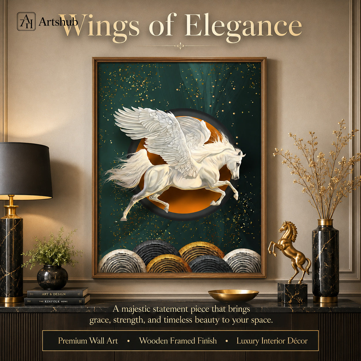 Artshub Wings of Elegance White Pegasus Amber Moon Teal Starfield Gold Wave single panel framed canvas wall art editorial banner — Wings of Elegance majestic statement piece grace strength timeless beauty luxury dark console marble black vase gold horse figurine Kinfolk books brass lamp