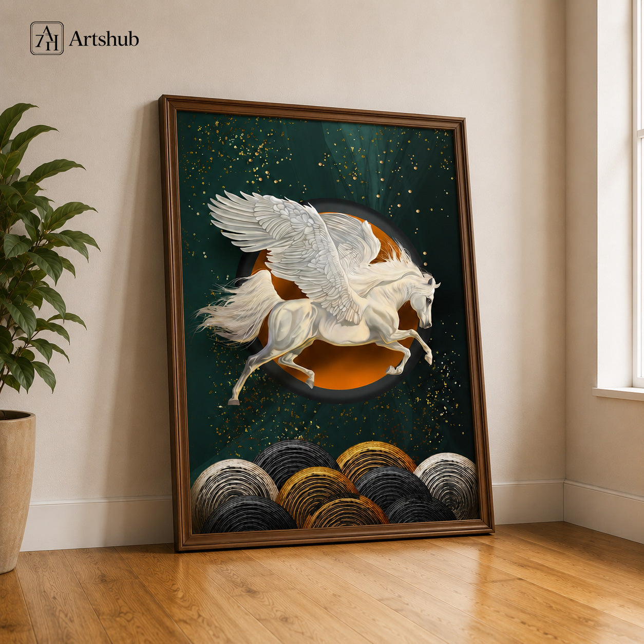 Artshub Wings of Elegance White Pegasus Amber Moon Teal Starfield Gold Wave single panel framed canvas wall art on luxury covered balcony wall above cream sofa with green cushions rattan chairs round coffee table candles city view — teal amber gold walnut frame