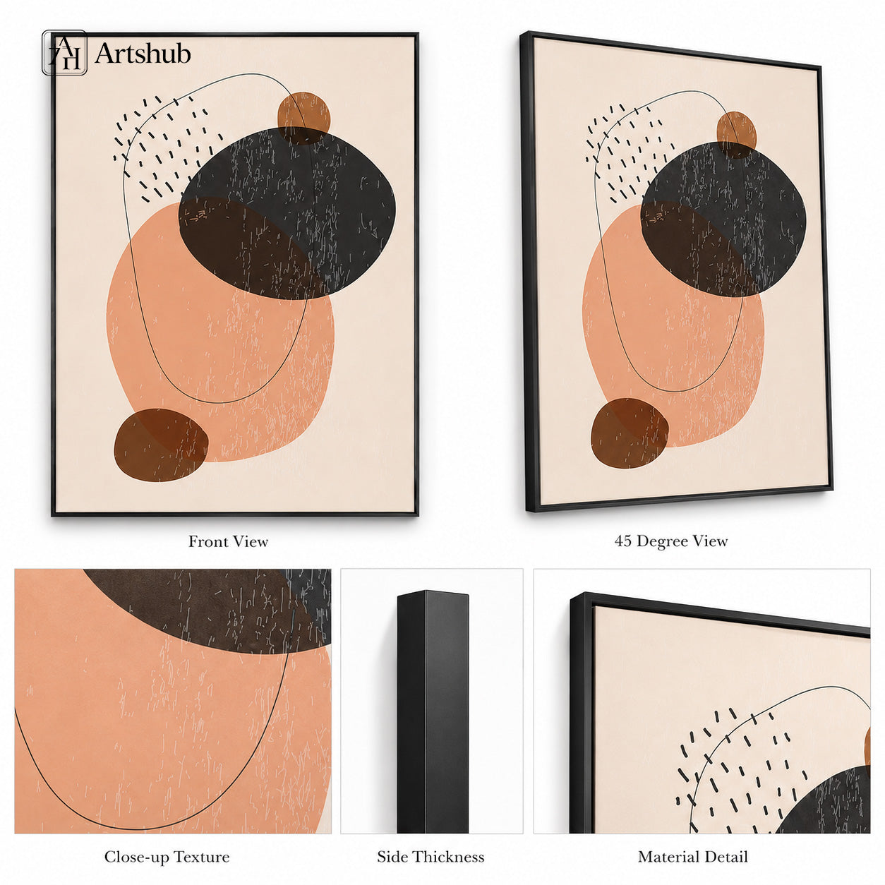 Artshub Quiet Form Blush Peach Charcoal Brown Abstract Oval Minimal single panel framed canvas wall art editorial banner — Quiet Form modern abstract composition calm curated interiors soft earth tones balanced geometry timeless minimal expression luxury entryway arched doorway walnut bench dark vase fern plant