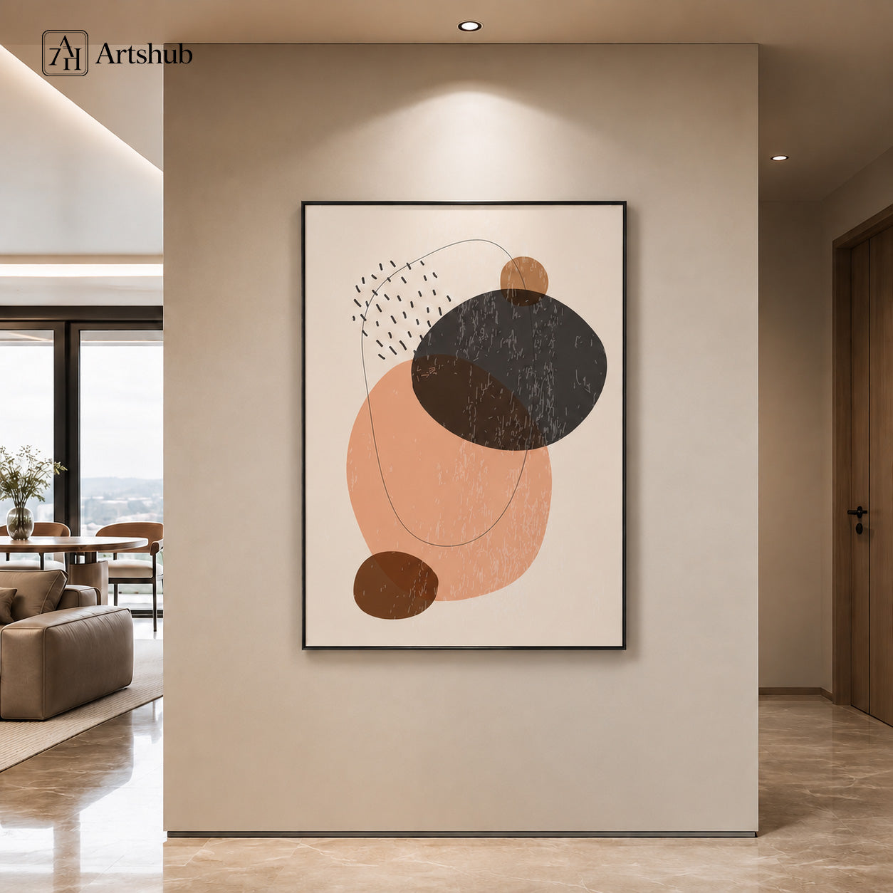 Artshub Quiet Form Blush Peach Charcoal Brown Abstract Oval Minimal single panel framed canvas wall art on warm taupe feature wall in luxury modern Indian entryway corridor with recessed ceiling lights brown sofa dining room view — blush peach charcoal brown matte black frame