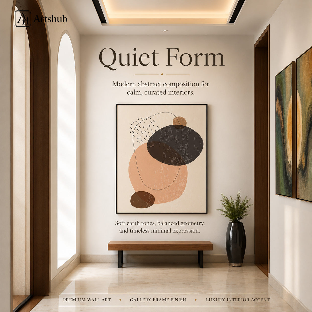 Artshub Quiet Form Blush Peach Charcoal Brown Abstract Oval Minimal framed canvas product detail sheet — front view 45 degree close-up brushstroke texture side thickness material detail blush peach charcoal brown matte black frame