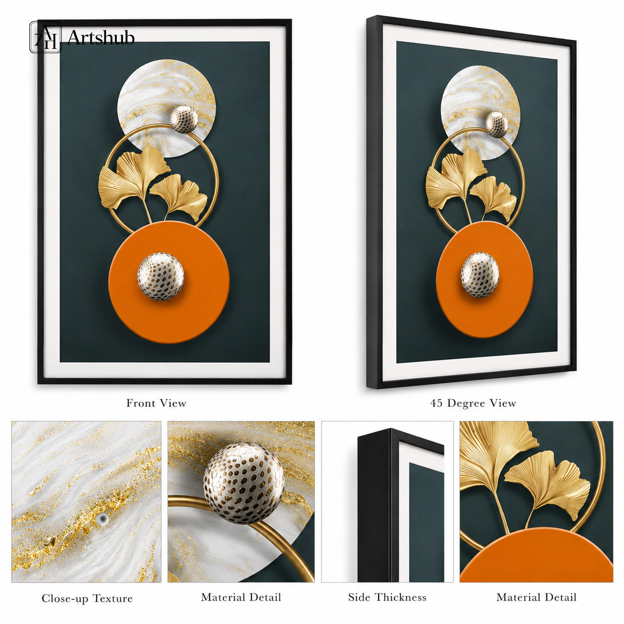 Artshub Sculpted Elegance Marble Gold Disc Ginkgo Orange Teal single panel framed canvas wall art editorial banner — Sculpted Elegance statement modern luxury texture balance refined interiors teal living room rattan chairs walnut sideboard Kinfolk books floor lamp