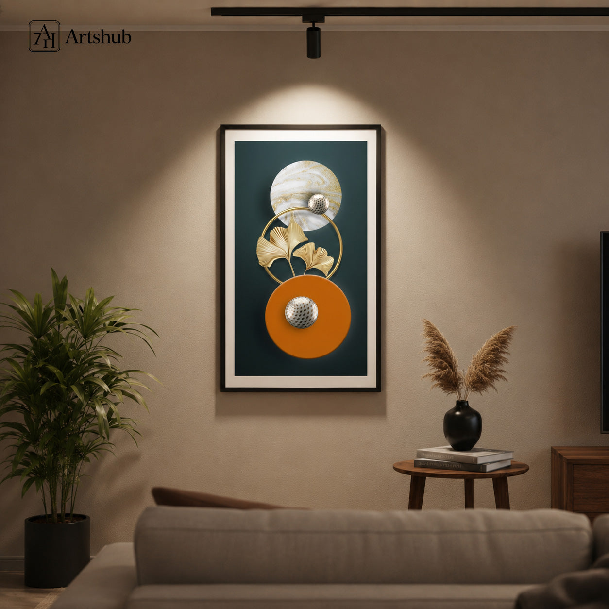 Artshub Sculpted Elegance Marble Gold Disc Ginkgo Orange Teal single panel framed canvas wall art above cream sofa in warm beige living room with track spotlight palm plant black round side table pampas grass vase — marble gold ginkgo orange teal matte black frame