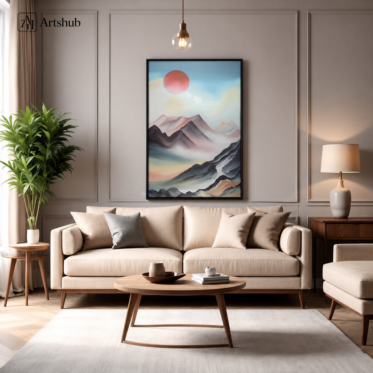Artshub Whispers of the Horizon Rose Sun Misty Mountain Winding River Soft Sky single panel framed canvas wall art above cream sofa in warm grey Japandi living room with pendant bulb lamp walnut round coffee table ceramic table lamp palm plant — rose sun misty mountain matte black frame