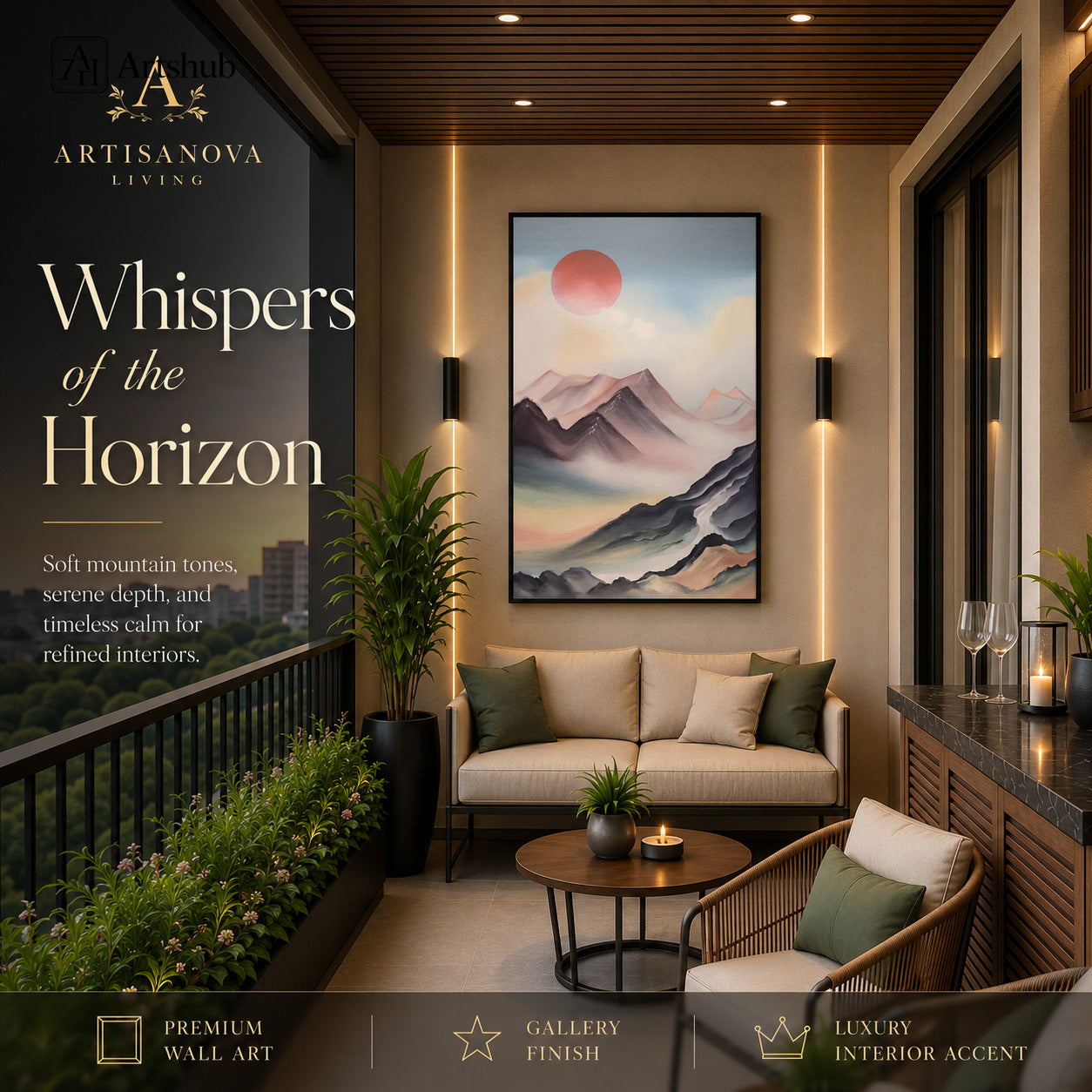 Artshub Whispers of the Horizon Rose Sun Misty Mountain Winding River Soft Sky single panel framed canvas wall art leaning on warm taupe wall on oak floor in Japandi living room with cream sofa oak round coffee table pampas grass pendant lamps — rose sun misty mountain matte black frame