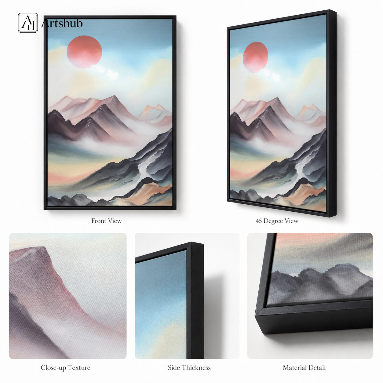 Artshub Whispers of the Horizon Rose Sun Misty Mountain Winding River Soft Sky framed canvas product detail sheet — front view 45 degree close-up mountain brushstroke texture side thickness material detail rose sun mauve grey matte black frame