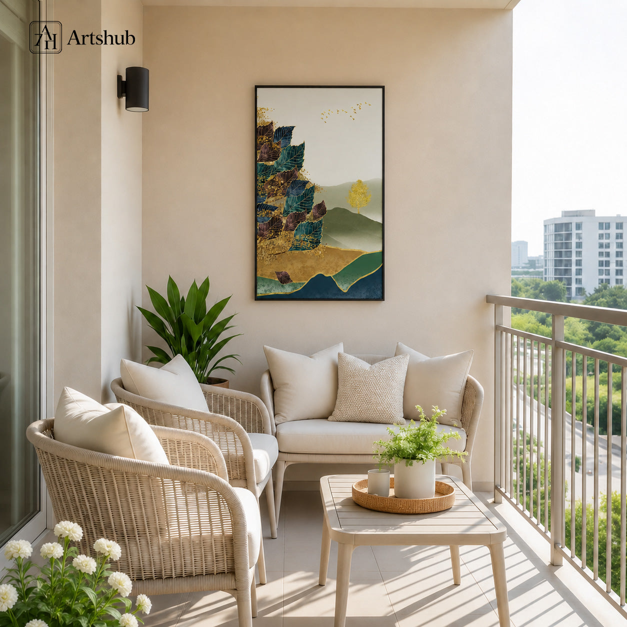 Artshub Botanical Harmony Teal Plum Layered Leaves Golden Tree Misty Mountain single panel framed canvas wall art on luxury Indian balcony wall above rattan sofa with cream cushions rattan armchair white coffee table potted plant wall sconce city view — teal plum gold matte black frame
