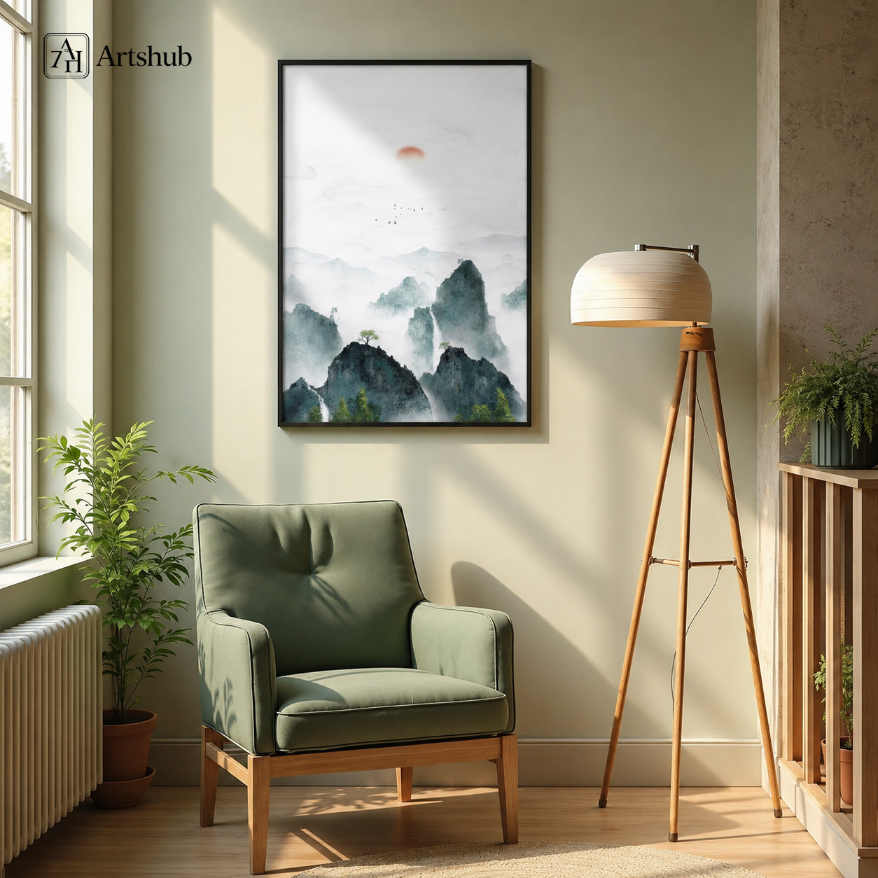 Artshub Misty Mountain Serenity Rose Sun Dark Teal Karst Peaks Waterfall Pine framed canvas product detail sheet — front view 45 degree close-up karst peak brushstroke texture waterfall detail side thickness material detail matte black frame