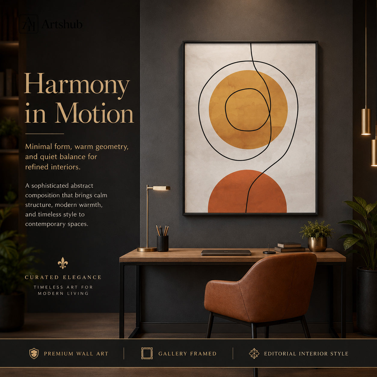 Artshub Harmony in Motion Amber Gold Circle Terracotta Semicircle Fine Line Abstract single panel framed canvas wall art leaning on warm cream wall on oak floor with large green plant dried lavender vase wooden bench — amber gold terracotta matte black frame