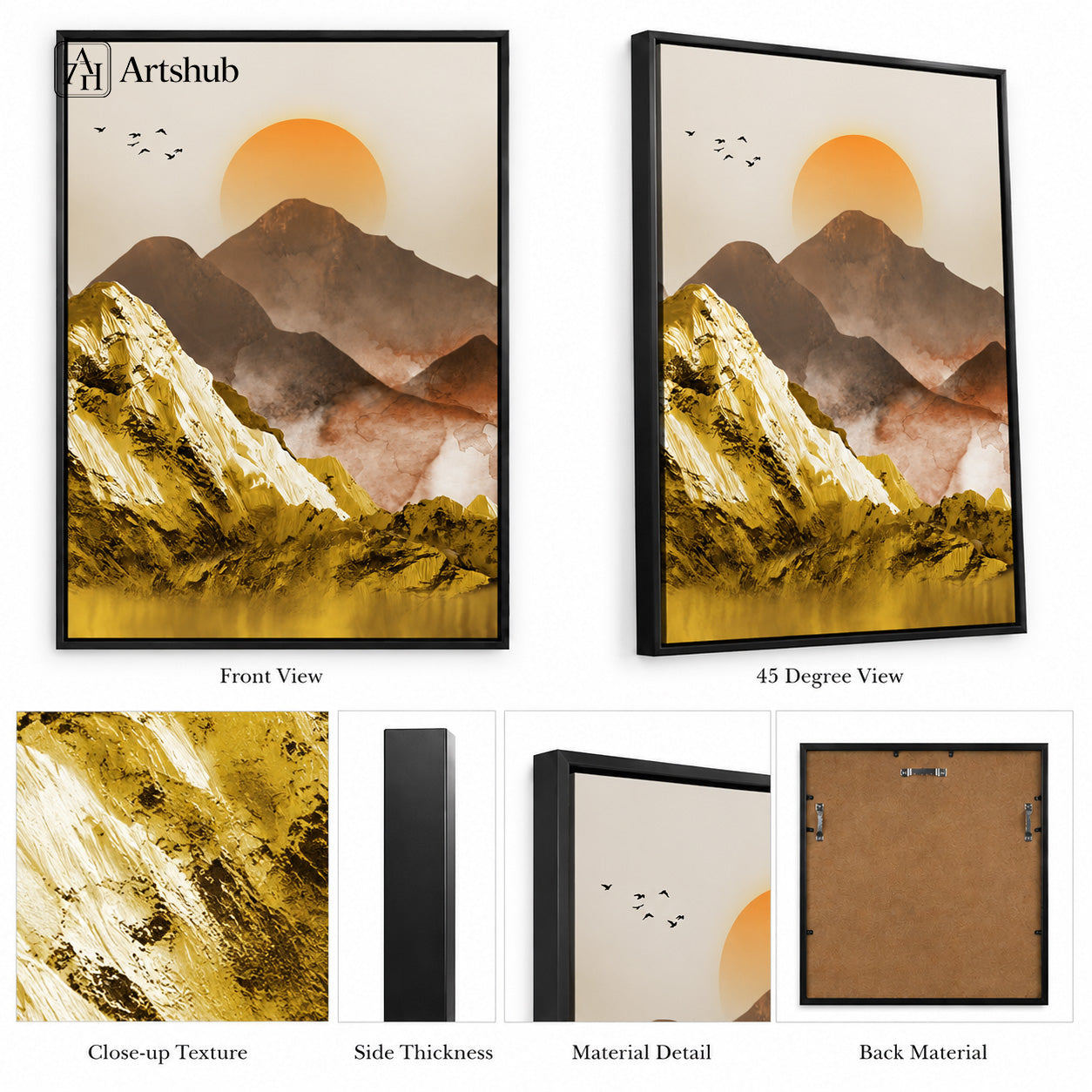 Artshub Golden Mountain Serenity Orange Sun 3D Gold Impasto Mountain Misty Range Still Water single panel framed canvas wall art editorial banner — Golden Mountain Serenity where nature grandeur meets timeless calm luxury office boardroom dark walnut conference table grey armchairs black pendant lights green plants glass walls city view