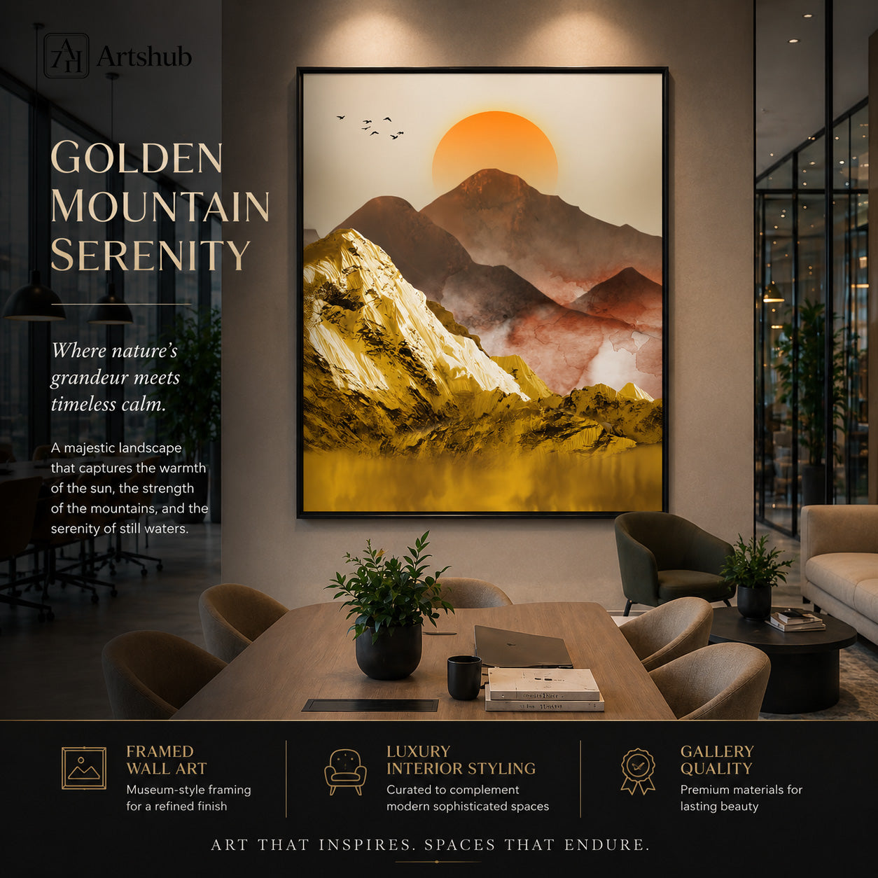 Artshub Golden Mountain Serenity Orange Sun 3D Gold Impasto Mountain Misty Range Still Water framed canvas product detail sheet — front view 45 degree close-up gold impasto ridge texture side thickness material detail back hanging hardware orange sun matte black frame