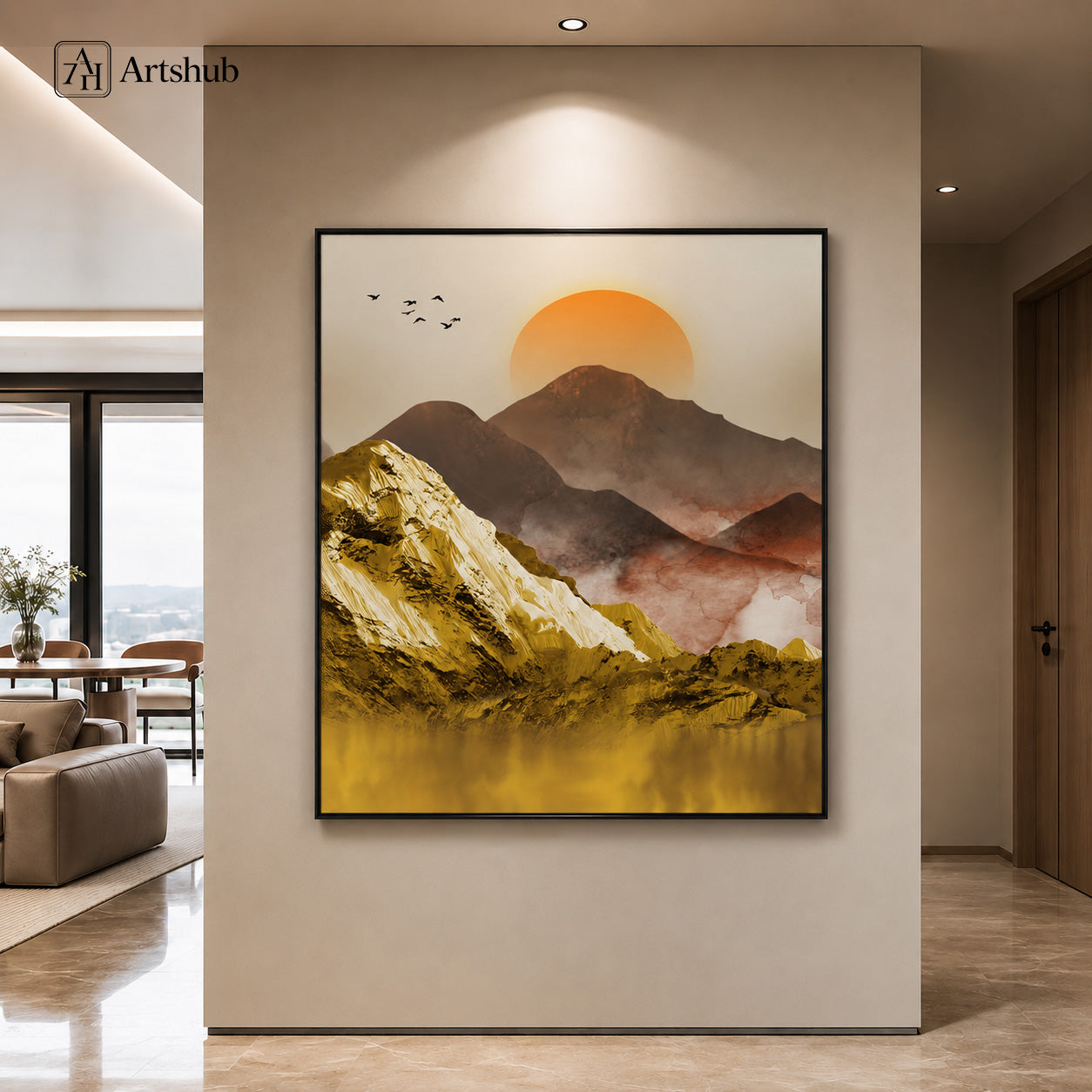 Artshub Golden Mountain Serenity Orange Sun 3D Gold Impasto Mountain Misty Range Still Water single panel framed canvas wall art on warm taupe entryway corridor wall with recessed ceiling spotlight — orange sun gold impasto mountain matte black frame